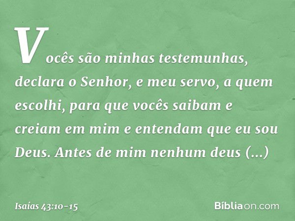 "Vocês são minhas testemunhas",
declara o Senhor,
"e meu servo, a quem escolhi,
para que vocês saibam e creiam em mim
e entendam que eu sou Deus.
Antes de mim n