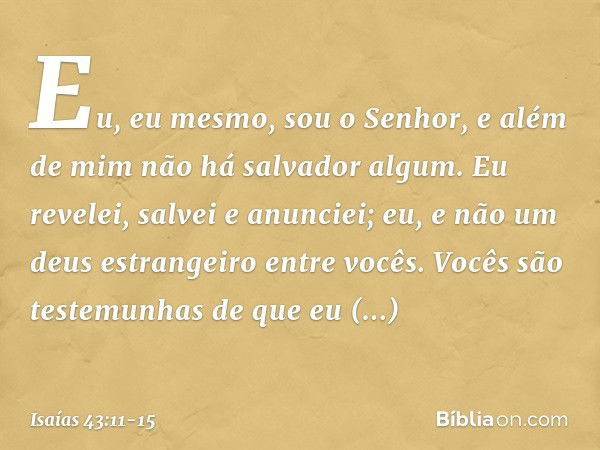 Eu, eu mesmo, sou o Senhor,
e além de mim não há salvador algum. Eu revelei, salvei e anunciei;
eu, e não um deus estrangeiro entre vocês.
Vocês são testemunhas