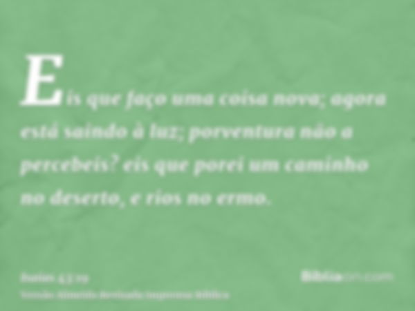 Eis que faço uma coisa nova; agora está saindo à luz; porventura não a percebeis? eis que porei um caminho no deserto, e rios no ermo.