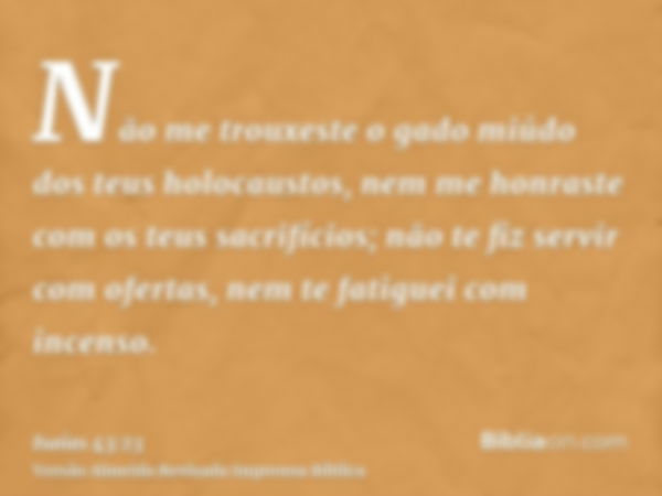 Não me trouxeste o gado miúdo dos teus holocaustos, nem me honraste com os teus sacrifícios; não te fiz servir com ofertas, nem te fatiguei com incenso.