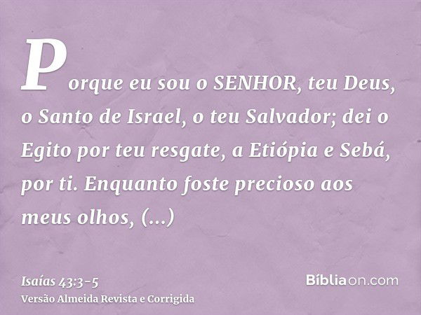 Porque eu sou o SENHOR, teu Deus, o Santo de Israel, o teu Salvador; dei o Egito por teu resgate, a Etiópia e Sebá, por ti.Enquanto foste precioso aos meus olho