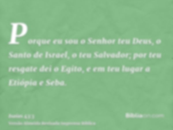 Porque eu sou o Senhor teu Deus, o Santo de Israel, o teu Salvador; por teu resgate dei o Egito, e em teu lugar a Etiópia e Seba.