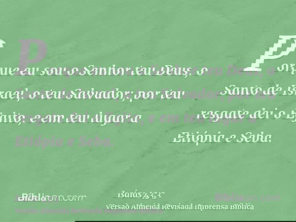 Porque eu sou o Senhor teu Deus, o Santo de Israel, o teu Salvador; por teu resgate dei o Egito, e em teu lugar a Etiópia e Seba.