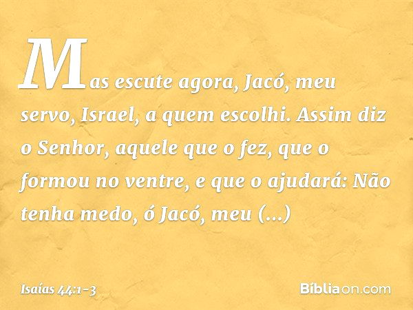 "Mas escute agora, Jacó,
meu servo,
Israel, a quem escolhi. Assim diz o Senhor,
aquele que o fez,
que o formou no ventre, e que o ajudará:
Não tenha medo, ó Jac