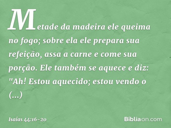 Metade da madeira
ele queima no fogo;
sobre ela ele prepara sua refeição,
assa a carne e come sua porção.
Ele também se aquece e diz:
"Ah! Estou aquecido;
estou