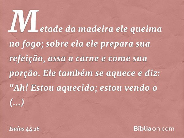 Metade da madeira
ele queima no fogo;
sobre ela ele prepara sua refeição,
assa a carne e come sua porção.
Ele também se aquece e diz:
"Ah! Estou aquecido;
estou