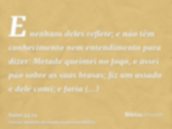 E nenhum deles reflete; e não têm conhecimento nem entendimento para dizer: Metade queimei no fogo, e assei pão sobre as suas brasas; fiz um assado e dele comi;