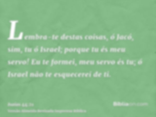 Lembra-te destas coisas, ó Jacó, sim, tu ó Israel; porque tu és meu servo! Eu te formei, meu servo és tu; ó Israel não te esquecerei de ti.