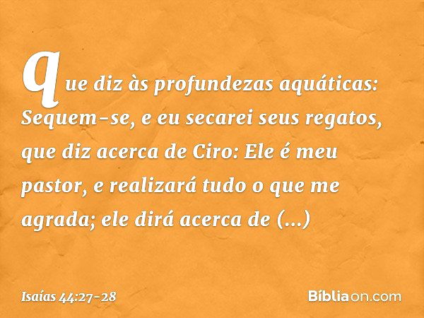 que diz às profundezas aquáticas:
Sequem-se, e eu secarei seus regatos, que diz acerca de Ciro:
Ele é meu pastor,
e realizará tudo o que me agrada;
ele dirá ace