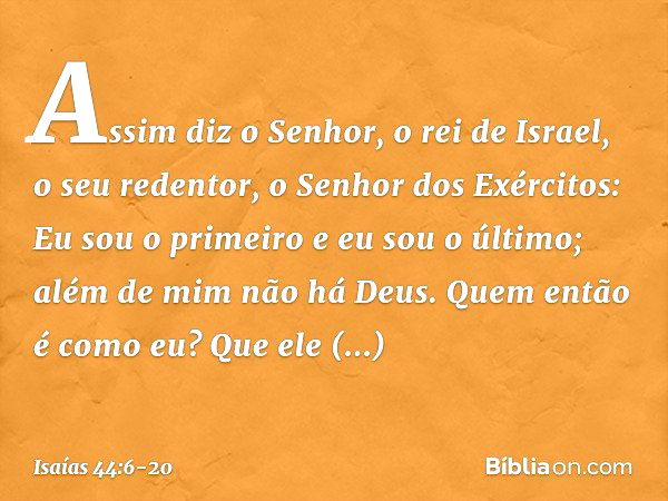 "Assim diz o Senhor,
o rei de Israel, o seu redentor,
o Senhor dos Exércitos:
Eu sou o primeiro e eu sou o último;
além de mim não há Deus. Quem então é como eu