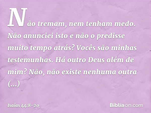 Não tremam, nem tenham medo.
Não anunciei isto e não o predisse
muito tempo atrás?
Vocês são minhas testemunhas.
Há outro Deus além de mim?
Não, não existe nenh