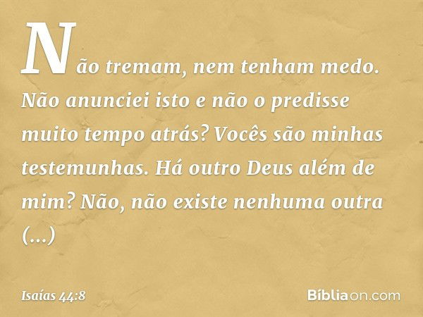 Não tremam, nem tenham medo.
Não anunciei isto e não o predisse
muito tempo atrás?
Vocês são minhas testemunhas.
Há outro Deus além de mim?
Não, não existe nenh