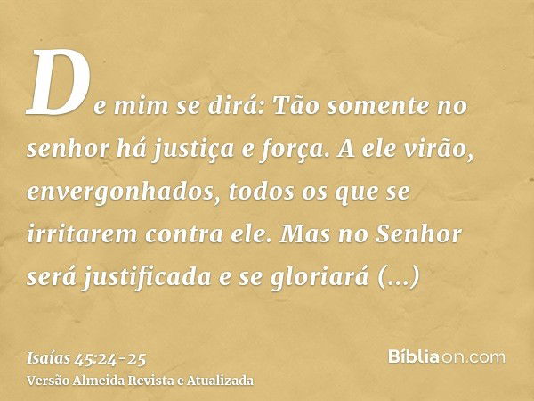 De mim se dirá: Tão somente no senhor há justiça e força. A ele virão, envergonhados, todos os que se irritarem contra ele.Mas no Senhor será justificada e se g