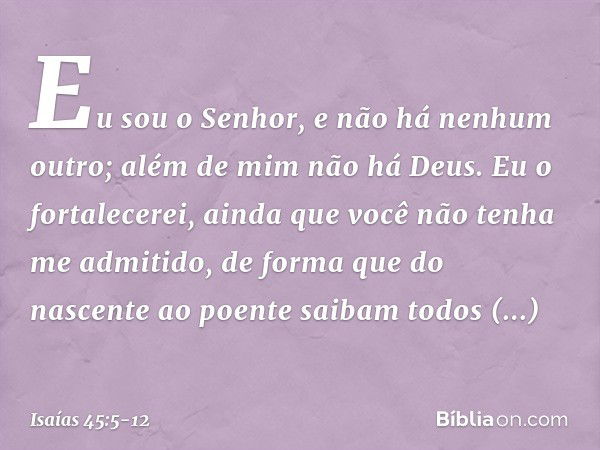 Eu sou o Senhor,
e não há nenhum outro;
além de mim não há Deus.
Eu o fortalecerei, ainda que você
não tenha me admitido, de forma que do nascente ao poente
sai