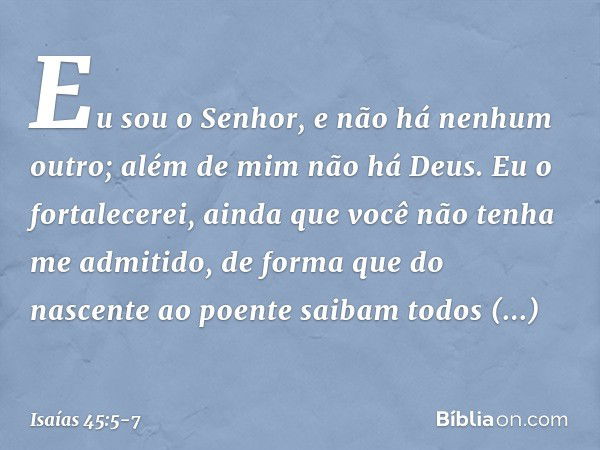 Eu sou o Senhor,
e não há nenhum outro;
além de mim não há Deus.
Eu o fortalecerei, ainda que você
não tenha me admitido, de forma que do nascente ao poente
sai