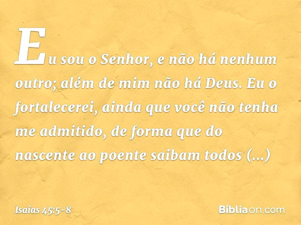 Eu sou o Senhor,
e não há nenhum outro;
além de mim não há Deus.
Eu o fortalecerei, ainda que você
não tenha me admitido, de forma que do nascente ao poente
sai