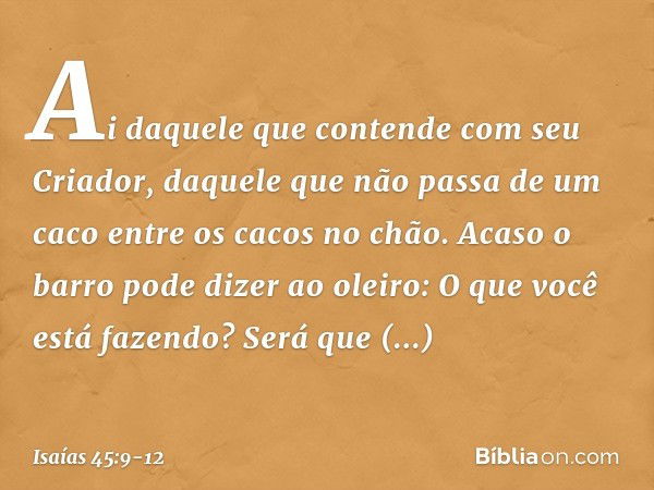 "Ai daquele que contende
com seu Criador,
daquele que não passa de um caco
entre os cacos no chão.
Acaso o barro pode dizer ao oleiro:
'O que você está fazendo?