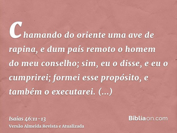 chamando do oriente uma ave de rapina, e dum país remoto o homem do meu conselho; sim, eu o disse, e eu o cumprirei; formei esse propósito, e também o executare