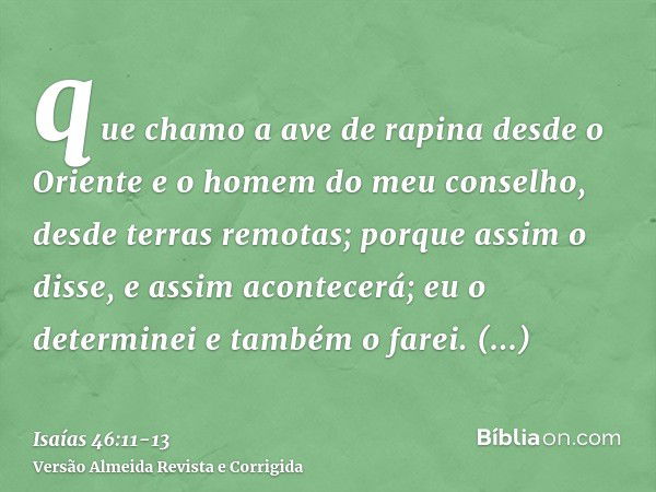 que chamo a ave de rapina desde o Oriente e o homem do meu conselho, desde terras remotas; porque assim o disse, e assim acontecerá; eu o determinei e também o 