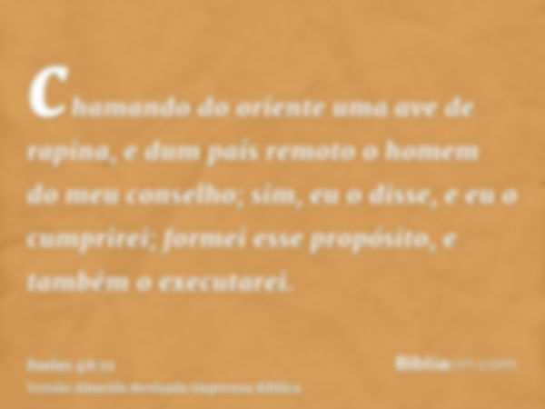 chamando do oriente uma ave de rapina, e dum país remoto o homem do meu conselho; sim, eu o disse, e eu o cumprirei; formei esse propósito, e também o executare