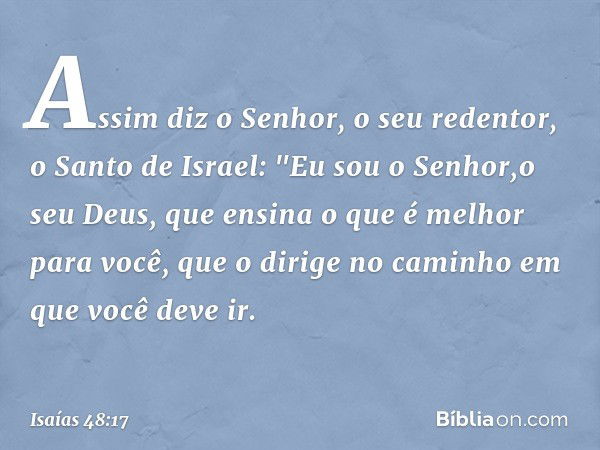 Assim diz o Senhor, o seu redentor,
o Santo de Israel:
"Eu sou o Senhor,o seu Deus,
que ensina o que é melhor para você,
que o dirige no caminho
em que você dev