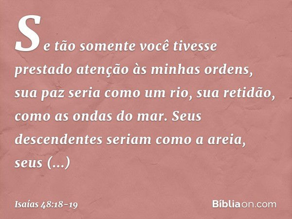 Se tão somente você tivesse
prestado atenção às minhas ordens,
sua paz seria como um rio,
sua retidão, como as ondas do mar. Seus descendentes
seriam como a are