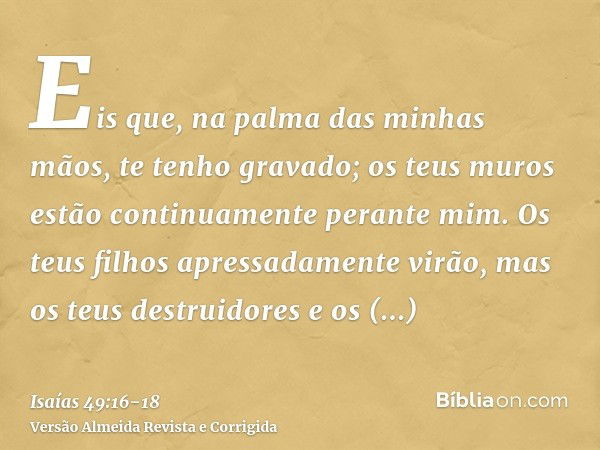 Eis que, na palma das minhas mãos, te tenho gravado; os teus muros estão continuamente perante mim.Os teus filhos apressadamente virão, mas os teus destruidores