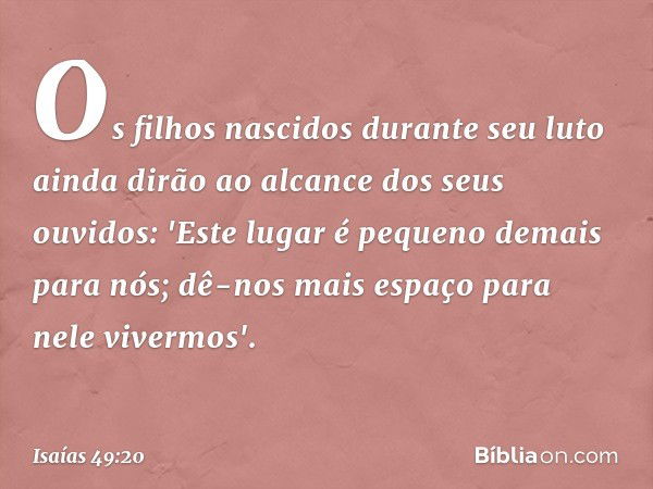 Os filhos nascidos durante seu luto
ainda dirão ao alcance dos seus ouvidos:
'Este lugar é pequeno demais para nós;
dê-nos mais espaço para nele vivermos'. -- I