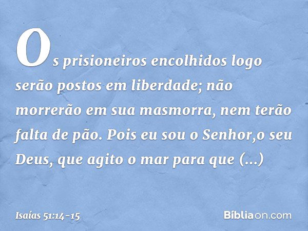 Os prisioneiros encolhidos
logo serão postos em liberdade;
não morrerão em sua masmorra,
nem terão falta de pão. Pois eu sou o Senhor,o seu Deus,
que agito o ma