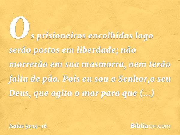 Os prisioneiros encolhidos
logo serão postos em liberdade;
não morrerão em sua masmorra,
nem terão falta de pão. Pois eu sou o Senhor,o seu Deus,
que agito o ma