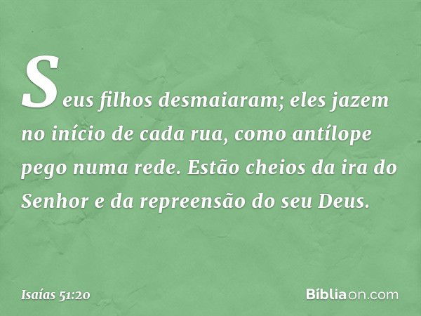 Seus filhos desmaiaram;
eles jazem no início de cada rua,
como antílope pego numa rede.
Estão cheios da ira do Senhor
e da repreensão do seu Deus. -- Isaías 51: