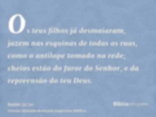 Os teus filhos já desmaiaram, jazem nas esquinas de todas as ruas, como o antílope tomado na rede; cheios estão do furor do Senhor, e da repreensão do teu Deus.