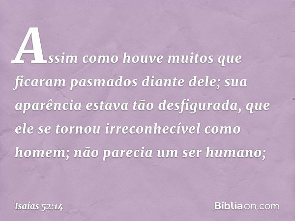 Assim como houve muitos
que ficaram pasmados diante dele;
sua aparência estava tão desfigurada,
que ele se tornou irreconhecível como homem;
não parecia um ser 