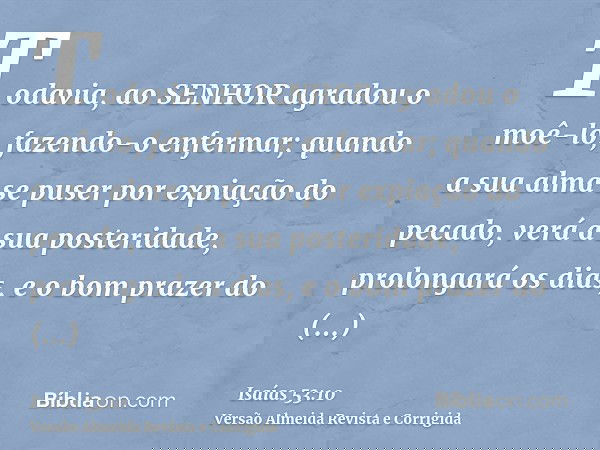 Todavia, ao SENHOR agradou o moê-lo, fazendo-o enfermar; quando a sua alma se puser por expiação do pecado, verá a sua posteridade, prolongará os dias, e o bom
