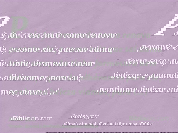 Pois foi crescendo como renovo perante ele, e como raiz que sai duma terra seca; não tinha formosura nem beleza; e quando olhávamos para ele, nenhuma beleza vía