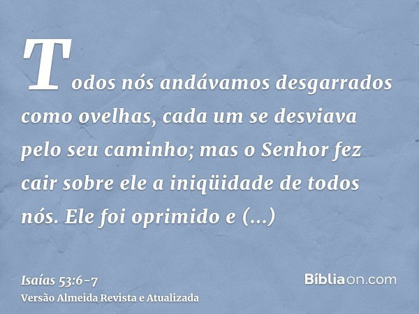 Todos nós andávamos desgarrados como ovelhas, cada um se desviava pelo seu caminho; mas o Senhor fez cair sobre ele a iniqüidade de todos nós.Ele foi oprimido e