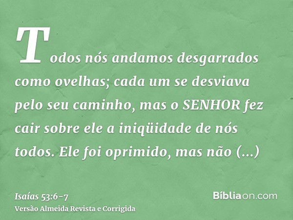 Todos nós andamos desgarrados como ovelhas; cada um se desviava pelo seu caminho, mas o SENHOR fez cair sobre ele a iniqüidade de nós todos.Ele foi oprimido, ma