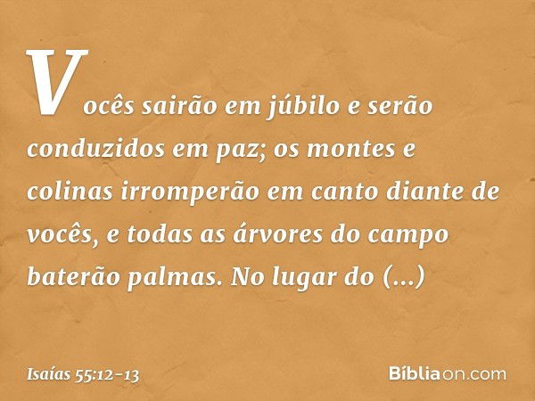 Vocês sairão em júbilo
e serão conduzidos em paz;
os montes e colinas irromperão
em canto diante de vocês,
e todas as árvores do campo
baterão palmas. No lugar 