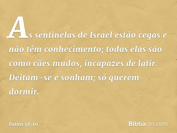 As sentinelas de Israel estão cegas
e não têm conhecimento;
todas elas são como cães mudos,
incapazes de latir.
Deitam-se e sonham;
só querem dormir. -- Isaías 