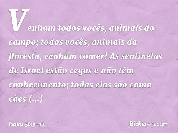 Venham todos vocês,
animais do campo;
todos vocês, animais da floresta,
venham comer! As sentinelas de Israel estão cegas
e não têm conhecimento;
todas elas são