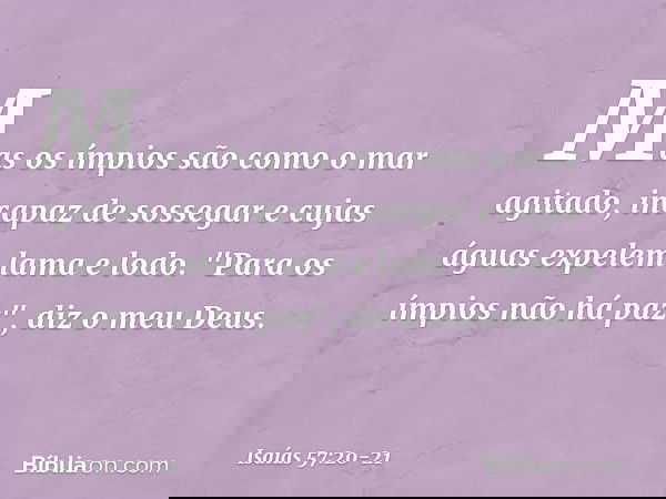 Mas os ímpios são como o mar agitado,
incapaz de sossegar
e cujas águas expelem lama e lodo. "Para os ímpios não há paz",
diz o meu Deus. -- Isaías 57:20-21