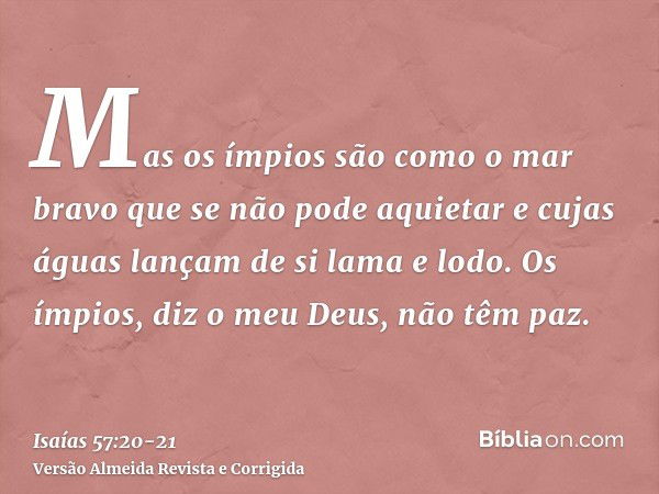 Mas os ímpios são como o mar bravo que se não pode aquietar e cujas águas lançam de si lama e lodo.Os ímpios, diz o meu Deus, não têm paz.