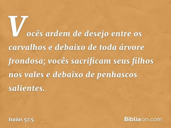 Vocês ardem de desejo
entre os carvalhos
e debaixo de toda árvore frondosa;
vocês sacrificam seus filhos nos vales
e debaixo de penhascos salientes. -- Isaías 5