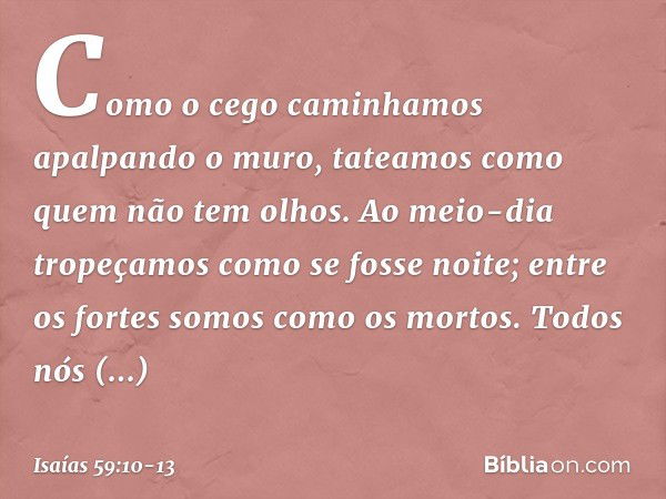 Como o cego caminhamos
apalpando o muro,
tateamos como quem não tem olhos.
Ao meio-dia tropeçamos
como se fosse noite;
entre os fortes somos como os mortos. Tod