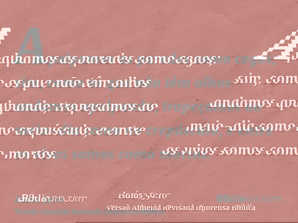 Apalpamos as paredes como cegos; sim, como os que não têm olhos andamos apalpando; tropeçamos ao meio-dia como no crepúsculo, e entre os vivos somos como mortos