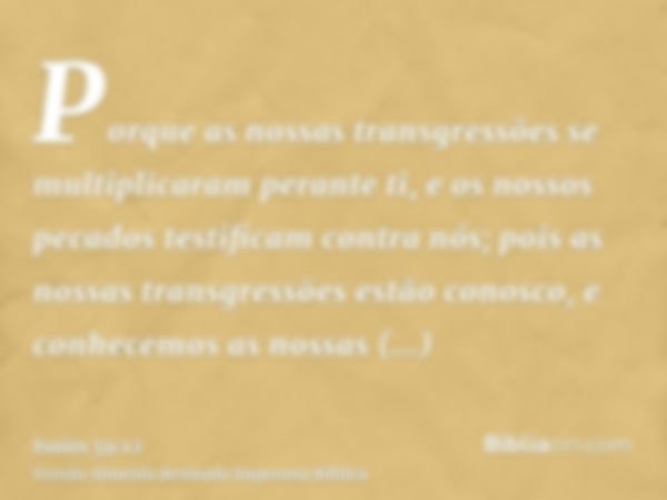 Porque as nossas transgressões se multiplicaram perante ti, e os nossos pecados testificam contra nós; pois as nossas transgressões estão conosco, e conhecemos 