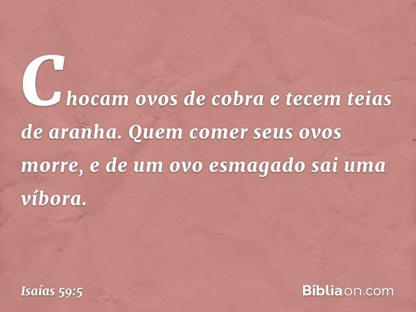 Chocam ovos de cobra
e tecem teias de aranha.
Quem comer seus ovos morre,
e de um ovo esmagado sai uma víbora. -- Isaías 59:5