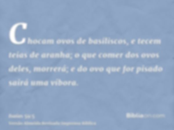 Chocam ovos de basiliscos, e tecem teias de aranha; o que comer dos ovos deles, morrerá; e do ovo que for pisado sairá uma víbora.