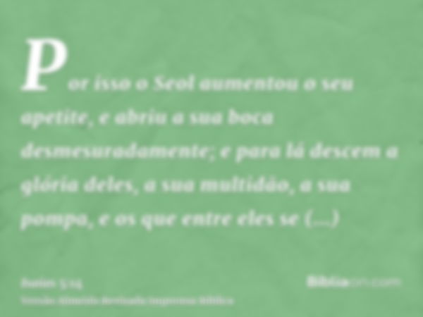 Por isso o Seol aumentou o seu apetite, e abriu a sua boca desmesuradamente; e para lá descem a glória deles, a sua multidão, a sua pompa, e os que entre eles s