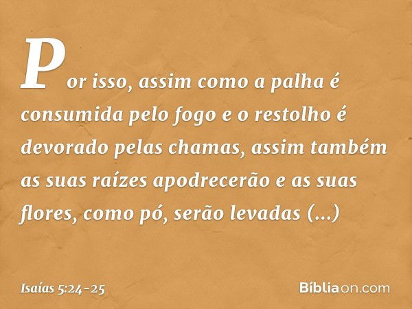 Por isso, assim como a palha
é consumida pelo fogo
e o restolho é devorado pelas chamas,
assim também as suas raízes apodrecerão
e as suas flores, como pó,
serã